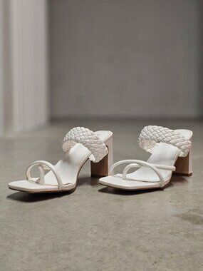 Braided Strap Block Heel Sandals In White With Square Toe And Strappy Design